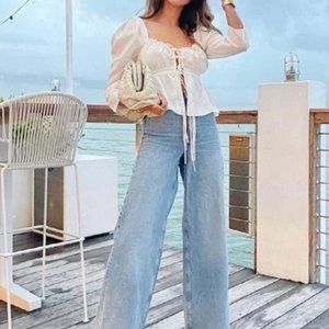 Brock Collection X H&M White Tie Front Corset Blouse with Puffed Shoulders